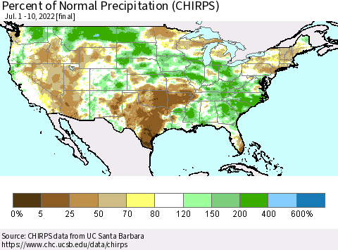 United States Percent of Normal Precipitation (CHIRPS) Thematic Map For 7/1/2022 - 7/10/2022