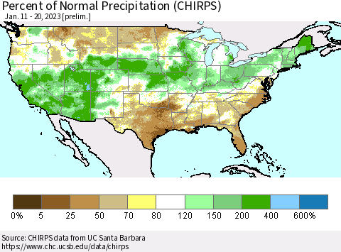 United States Percent of Normal Precipitation (CHIRPS) Thematic Map For 1/11/2023 - 1/20/2023
