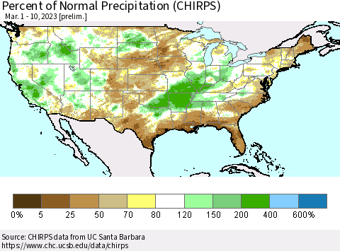 United States Percent of Normal Precipitation (CHIRPS) Thematic Map For 3/1/2023 - 3/10/2023
