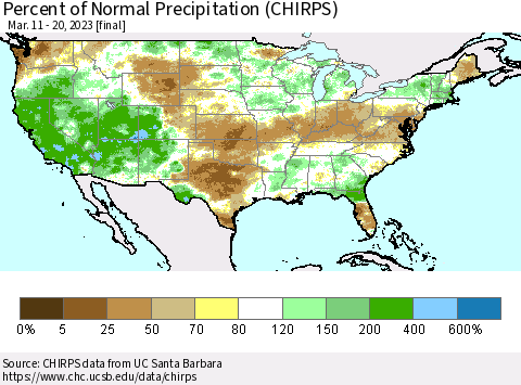United States Percent of Normal Precipitation (CHIRPS) Thematic Map For 3/11/2023 - 3/20/2023