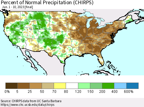 United States Percent of Normal Precipitation (CHIRPS) Thematic Map For 6/1/2023 - 6/10/2023
