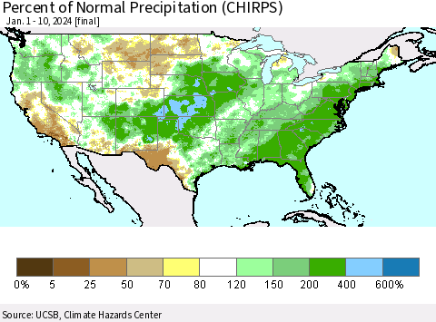 United States Percent of Normal Precipitation (CHIRPS) Thematic Map For 1/1/2024 - 1/10/2024