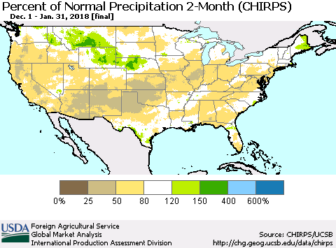 United States Percent of Normal Precipitation 2-Month (CHIRPS) Thematic Map For 12/1/2017 - 1/31/2018