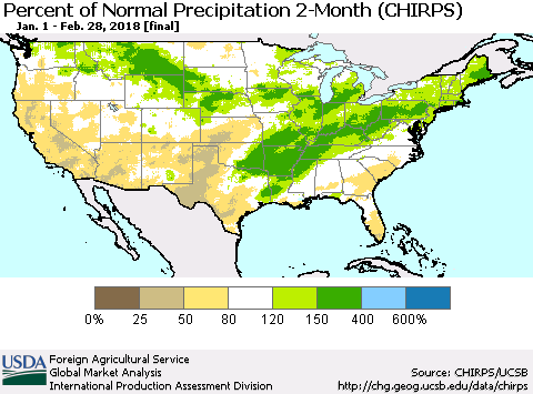United States Percent of Normal Precipitation 2-Month (CHIRPS) Thematic Map For 1/1/2018 - 2/28/2018