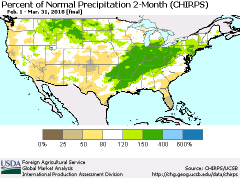 United States Percent of Normal Precipitation 2-Month (CHIRPS) Thematic Map For 2/1/2018 - 3/31/2018