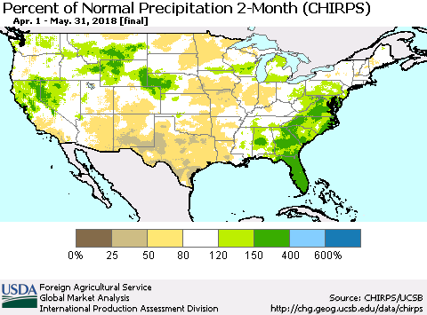 United States Percent of Normal Precipitation 2-Month (CHIRPS) Thematic Map For 4/1/2018 - 5/31/2018