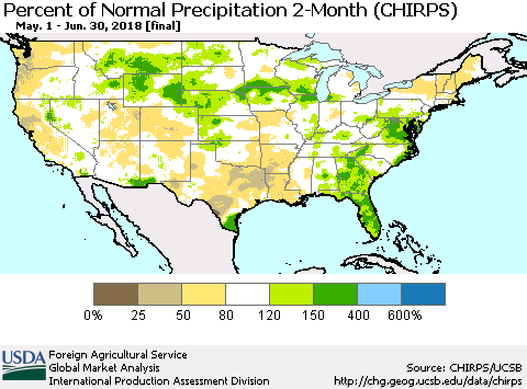 United States Percent of Normal Precipitation 2-Month (CHIRPS) Thematic Map For 5/1/2018 - 6/30/2018