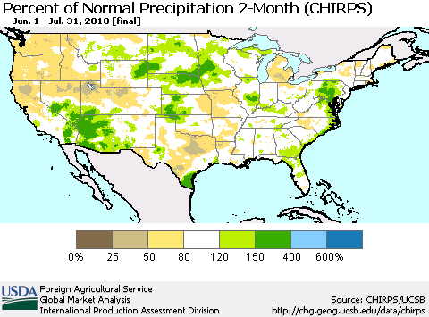 United States Percent of Normal Precipitation 2-Month (CHIRPS) Thematic Map For 6/1/2018 - 7/31/2018