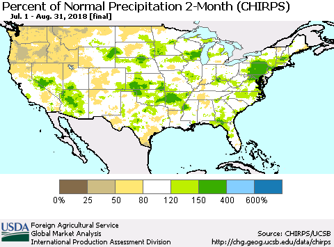 United States Percent of Normal Precipitation 2-Month (CHIRPS) Thematic Map For 7/1/2018 - 8/31/2018