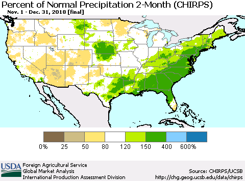 United States Percent of Normal Precipitation 2-Month (CHIRPS) Thematic Map For 11/1/2018 - 12/31/2018