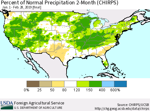 United States Percent of Normal Precipitation 2-Month (CHIRPS) Thematic Map For 1/1/2019 - 2/28/2019