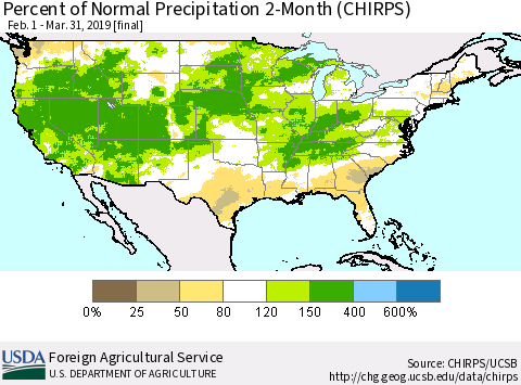 United States Percent of Normal Precipitation 2-Month (CHIRPS) Thematic Map For 2/1/2019 - 3/31/2019