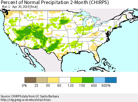 United States Percent of Normal Precipitation 2-Month (CHIRPS) Thematic Map For 3/1/2019 - 4/30/2019
