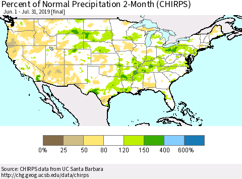 United States Percent of Normal Precipitation 2-Month (CHIRPS) Thematic Map For 6/1/2019 - 7/31/2019