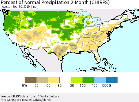 United States Percent of Normal Precipitation 2-Month (CHIRPS) Thematic Map For 8/1/2019 - 9/30/2019
