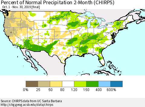 United States Percent of Normal Precipitation 2-Month (CHIRPS) Thematic Map For 10/1/2019 - 11/30/2019