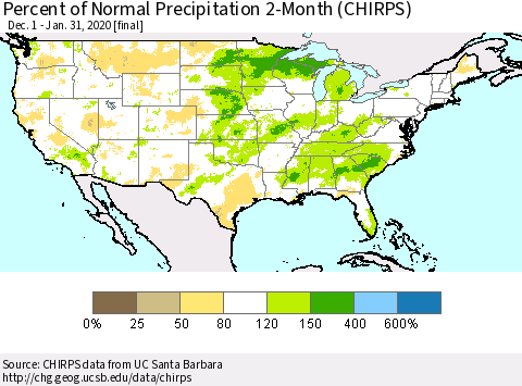 United States Percent of Normal Precipitation 2-Month (CHIRPS) Thematic Map For 12/1/2019 - 1/31/2020