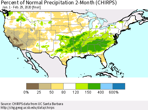 United States Percent of Normal Precipitation 2-Month (CHIRPS) Thematic Map For 1/1/2020 - 2/29/2020