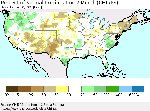 United States Percent of Normal Precipitation 2-Month (CHIRPS) Thematic Map For 5/1/2020 - 6/30/2020