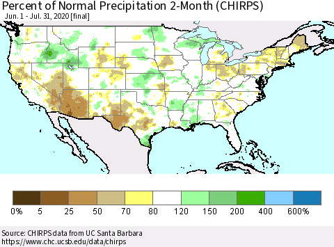 United States Percent of Normal Precipitation 2-Month (CHIRPS) Thematic Map For 6/1/2020 - 7/31/2020