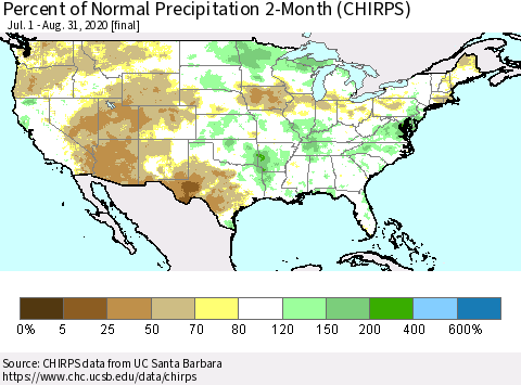 United States Percent of Normal Precipitation 2-Month (CHIRPS) Thematic Map For 7/1/2020 - 8/31/2020
