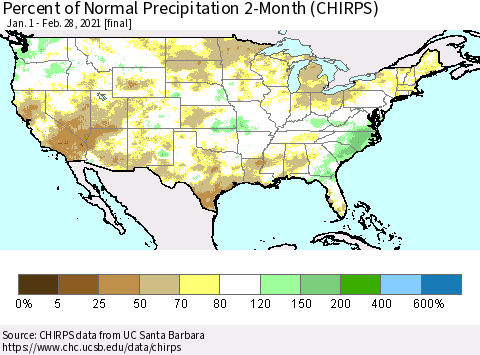 United States Percent of Normal Precipitation 2-Month (CHIRPS) Thematic Map For 1/1/2021 - 2/28/2021