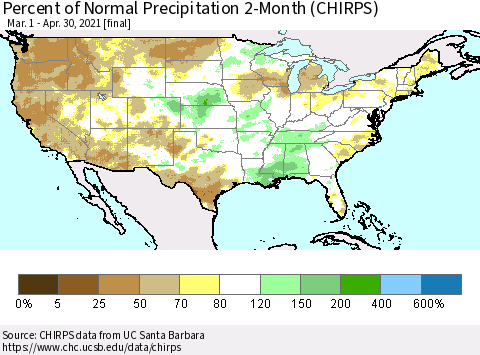 United States Percent of Normal Precipitation 2-Month (CHIRPS) Thematic Map For 3/1/2021 - 4/30/2021