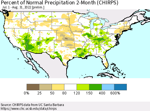 United States Percent of Normal Precipitation 2-Month (CHIRPS) Thematic Map For 7/1/2022 - 8/31/2022