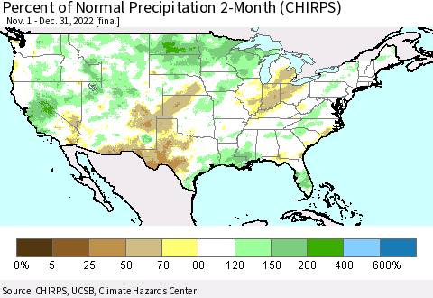 United States Percent of Normal Precipitation 2-Month (CHIRPS) Thematic Map For 11/1/2022 - 12/31/2022