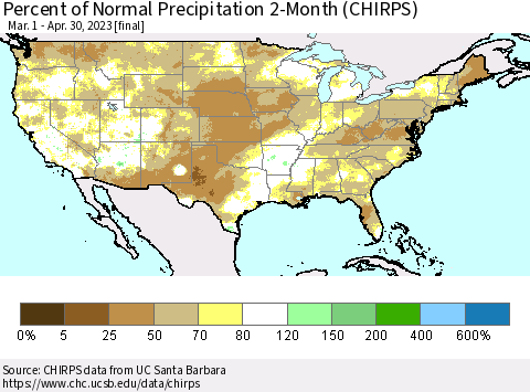 United States Percent of Normal Precipitation 2-Month (CHIRPS) Thematic Map For 3/1/2023 - 4/30/2023
