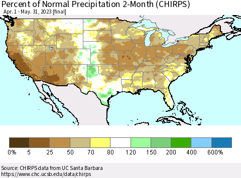 United States Percent of Normal Precipitation 2-Month (CHIRPS) Thematic Map For 4/1/2023 - 5/31/2023