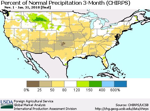 United States Percent of Normal Precipitation 3-Month (CHIRPS) Thematic Map For 11/1/2017 - 1/31/2018