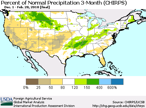 United States Percent of Normal Precipitation 3-Month (CHIRPS) Thematic Map For 12/1/2017 - 2/28/2018