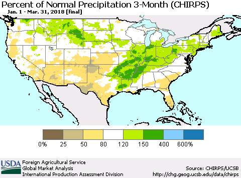 United States Percent of Normal Precipitation 3-Month (CHIRPS) Thematic Map For 1/1/2018 - 3/31/2018