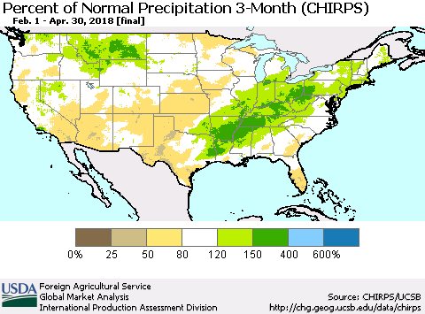 United States Percent of Normal Precipitation 3-Month (CHIRPS) Thematic Map For 2/1/2018 - 4/30/2018