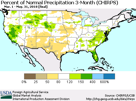United States Percent of Normal Precipitation 3-Month (CHIRPS) Thematic Map For 3/1/2018 - 5/31/2018