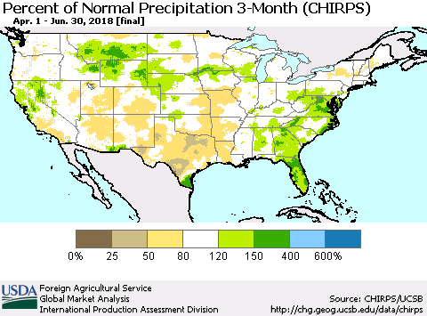 United States Percent of Normal Precipitation 3-Month (CHIRPS) Thematic Map For 4/1/2018 - 6/30/2018