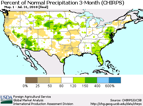 United States Percent of Normal Precipitation 3-Month (CHIRPS) Thematic Map For 5/1/2018 - 7/31/2018