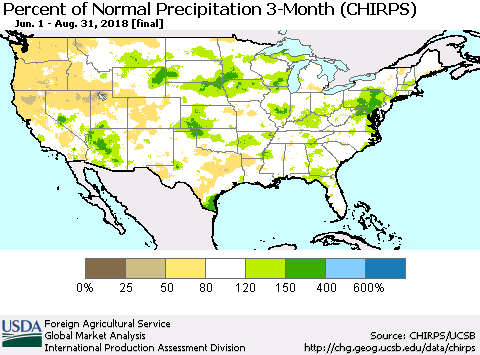 United States Percent of Normal Precipitation 3-Month (CHIRPS) Thematic Map For 6/1/2018 - 8/31/2018