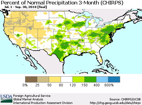 United States Percent of Normal Precipitation 3-Month (CHIRPS) Thematic Map For 7/1/2018 - 9/30/2018