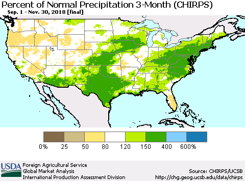 United States Percent of Normal Precipitation 3-Month (CHIRPS) Thematic Map For 9/1/2018 - 11/30/2018