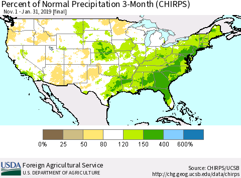 United States Percent of Normal Precipitation 3-Month (CHIRPS) Thematic Map For 11/1/2018 - 1/31/2019