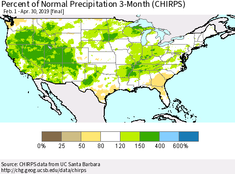 United States Percent of Normal Precipitation 3-Month (CHIRPS) Thematic Map For 2/1/2019 - 4/30/2019
