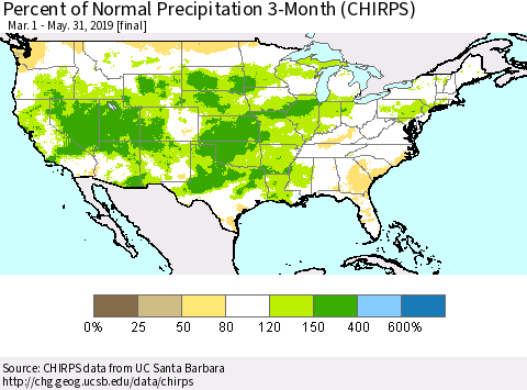 United States Percent of Normal Precipitation 3-Month (CHIRPS) Thematic Map For 3/1/2019 - 5/31/2019