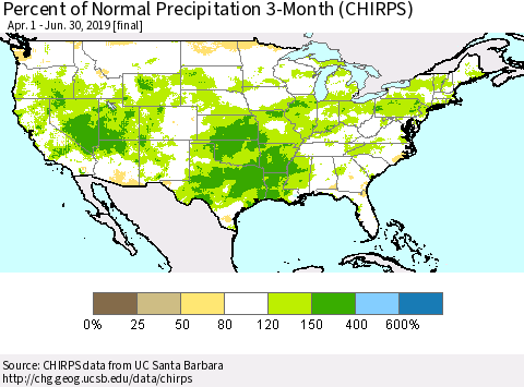 United States Percent of Normal Precipitation 3-Month (CHIRPS) Thematic Map For 4/1/2019 - 6/30/2019