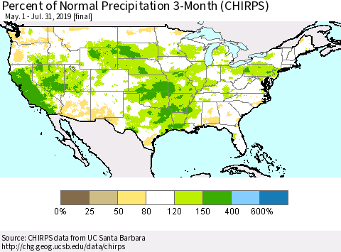 United States Percent of Normal Precipitation 3-Month (CHIRPS) Thematic Map For 5/1/2019 - 7/31/2019