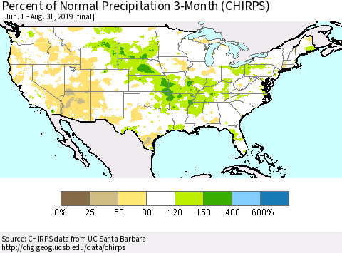 United States Percent of Normal Precipitation 3-Month (CHIRPS) Thematic Map For 6/1/2019 - 8/31/2019