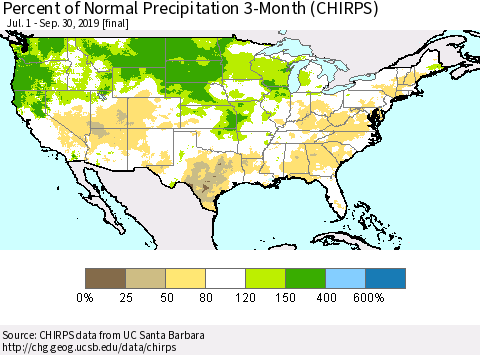 United States Percent of Normal Precipitation 3-Month (CHIRPS) Thematic Map For 7/1/2019 - 9/30/2019