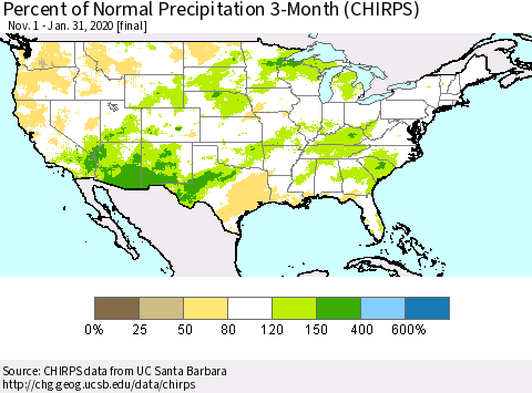 United States Percent of Normal Precipitation 3-Month (CHIRPS) Thematic Map For 11/1/2019 - 1/31/2020