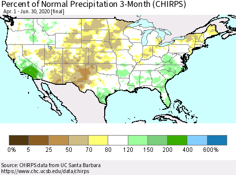 United States Percent of Normal Precipitation 3-Month (CHIRPS) Thematic Map For 4/1/2020 - 6/30/2020